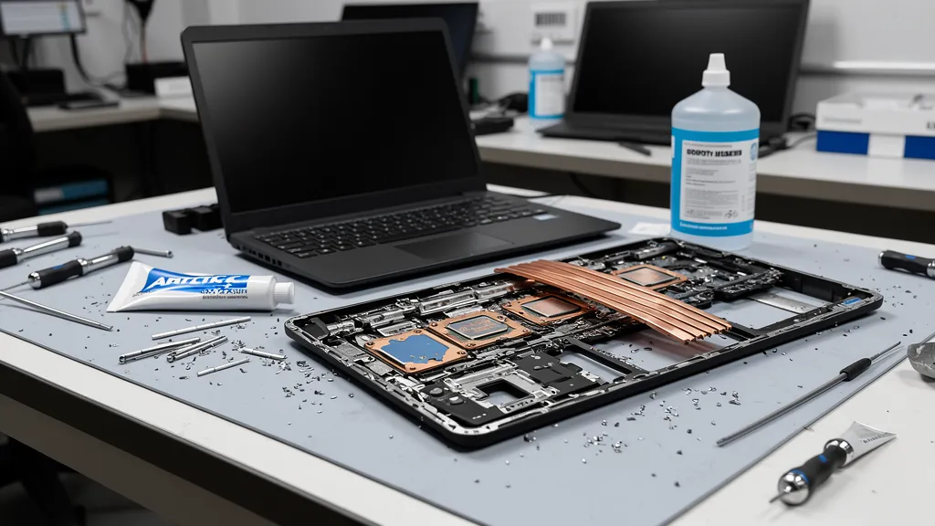 Laptop disassembled with Arctic MX-4 thermal compound on repair bench – Affordable Laptop Services Singapore