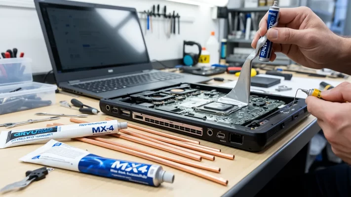 Technician applying thermal paste to laptop CPU with Thermal Grizzly Kryonaut and Arctic MX-4 – Affordable Laptop Services Singapore