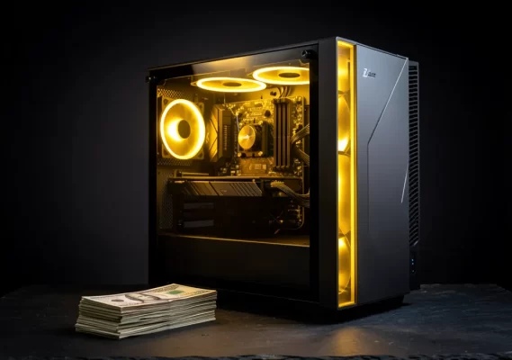 Custom gaming PC with warm yellow RGB lighting and stack of cash — illustrating PC trade-in and buyback in Singapore