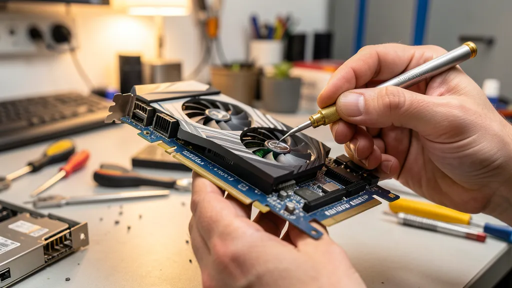 Technician stress-testing used graphics card before sale